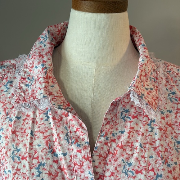 Style & Co Floral Pink 1/2  Button-Up Women's Top tunic cotton lace trim XL - Picture 1 of 13